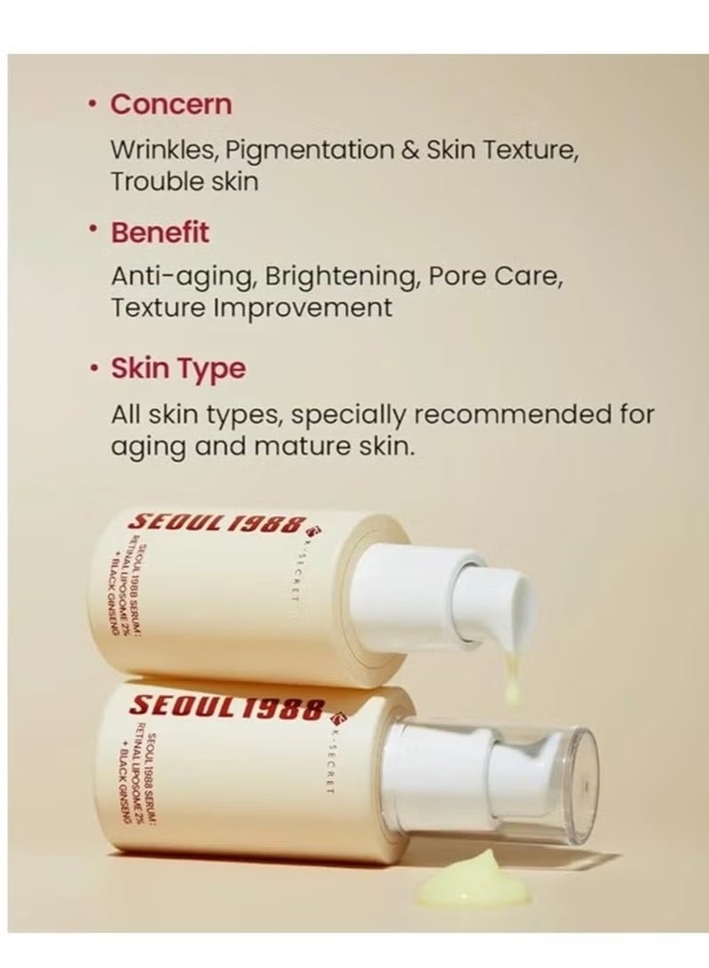 K-SECRET KSECRET SEOUL 1988 Serum : Retinal Liposome 2% + Black Ginseng, 30ml/1.01fl.oz | 58% Black Ginseng Extract with Retinal, Bakuchiol, Vitamin C & 3 Peptides for Wrinkle Care | Korean Skincare - Image 3